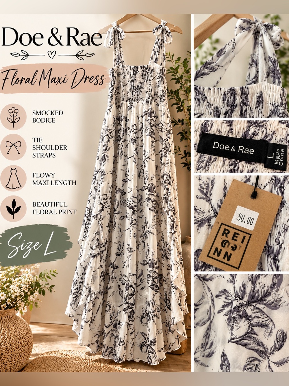 Doe & Rae Floral Smocked Maxi Dress Ivory Black Tie Strap NWT